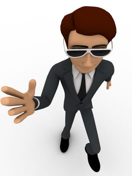 3d man showing style with glasses concept on white background, top angle view