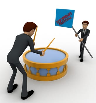 3d man play drum to advertise shopping festival concept on white background, rside angle view
