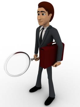 3d man with magnifying glass and briefcase concept on white background,  side angle view