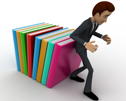 3d man supporting falling books concept on white background, side angle view