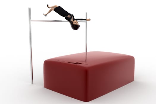 3d woman doing high jump practise concept on white background, side angle view