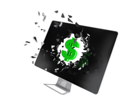 Green dollar sign destroy computer screen.