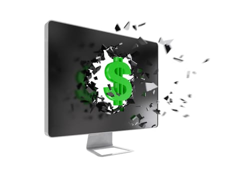 Green dollar sign destroy computer screen.