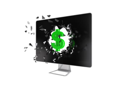 Green dollar sign destroy computer screen.