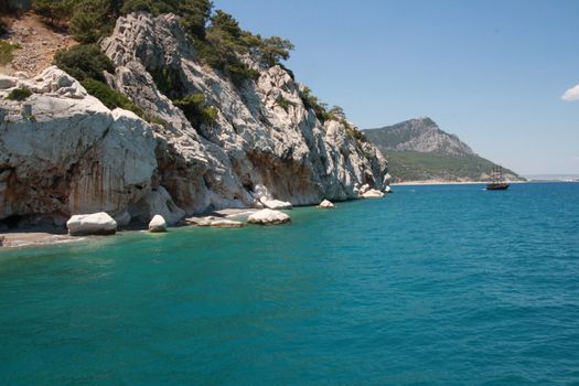 The beach and cliffs in the Mediterranean sea Turkey