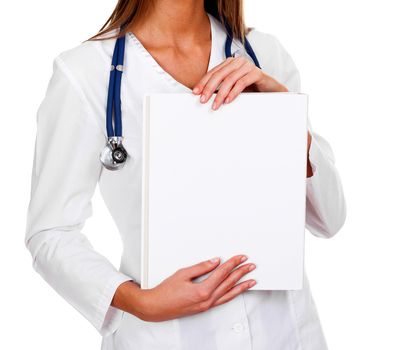 folder in female doctor's hands. copyspace, isolated