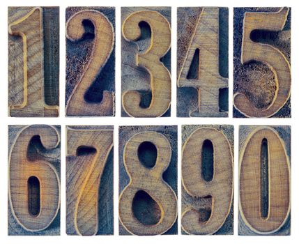 ten numbers from zero to nine in letterpress wood type printing blocks isolated in white