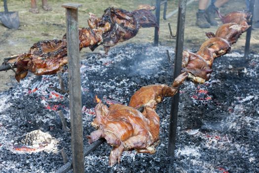 whole pig cooked on a spit grilled