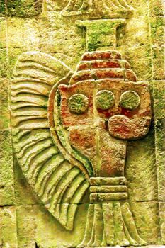 Ancient Tequilda Pulque Vase Colorful Painting Mural Wall Indian Ruins at Teotihuacan Mexico City Mexico.  Palace of Quetzalpapaloli.  Ancient ruins date back to 100 to 750AD.


