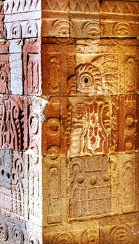 Ancient Bird Sculpture Mural Wall Indian Ruins at Teotihuacan Mexico City Mexico.  Palace of Quetzalpapaloli.  Ancient ruins date back to 100 to 750AD.


