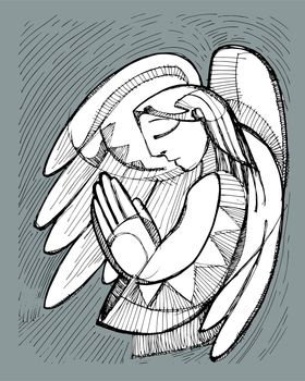 Hand drawn vector illustration or drawing of a praying Guardian Angel