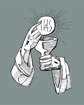 Hand drawn vector illustration or drawing of Jesus Christ hand with a Cup and a Host, representing the Eucharist Sacrament