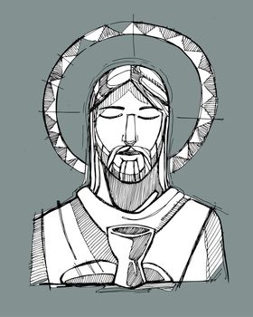 Hand drawn vector illustration or drawing of Jesus Christ and a cup and breads, representing the Eucharist Sacrament
