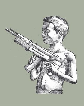 Hand drawn vector illustration or drawing of sketched boy with a rifle