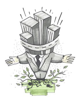 Hand drawn watercolor vector illustration or drawing of a man in a suit with some gray buildings instead of head and standing over some trees and ciclysts