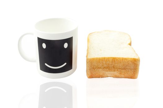 Empty smile coffee cup or smile coffee mug and sliced bread isolated on white background