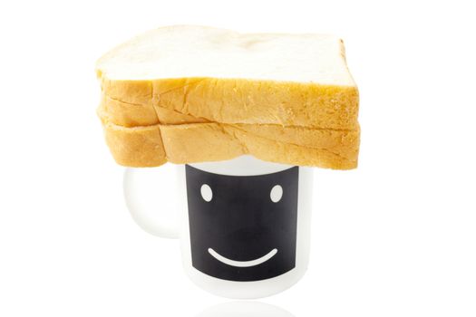 Empty smile coffee cup or smile coffee mug and sliced bread isolated on white background