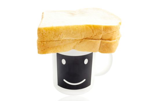 Empty smile coffee cup or smile coffee mug and sliced bread isolated on white background