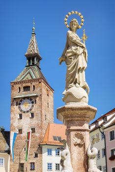 Famous tower Schmalzturm with statue of Mary fountain in Landsberg am Lech, Bavaria, Germany