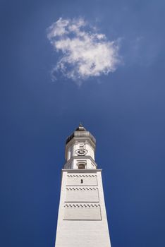 Tower of Maria Himmelfahrt church in Bavarian town Landsber am Lech Germany