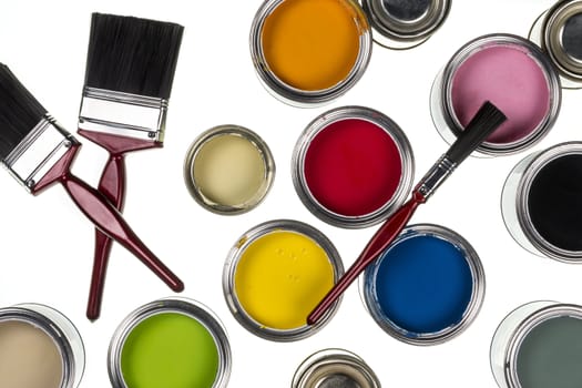 Selection of paints and paintbrushes - isolated