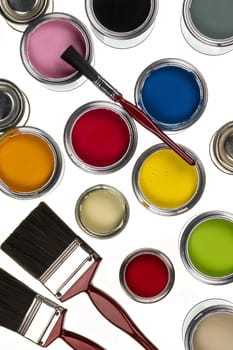 Selection of paints and paintbrushes - isolated