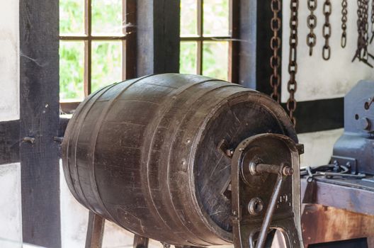 Close-up, production of wooden barrels in the factory