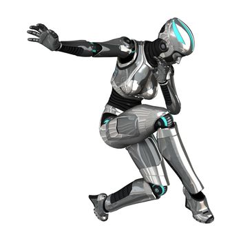 3D digital render of a female cyborg protecting herself isolated on white background