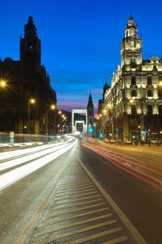 BUDAPEST - JANUARY 10: Traffic at night in Budapest, Hungary on January 10, 2015.