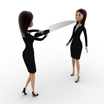 3d woman showing big knife to another woman concept on white background, front angle view