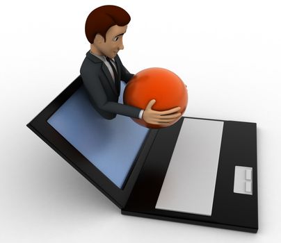 3d man show globe sphere through laptop screen concept on white background, side angle view