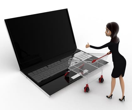 3d woman going for online shopping through laptop with cart concept on white background, side angle view