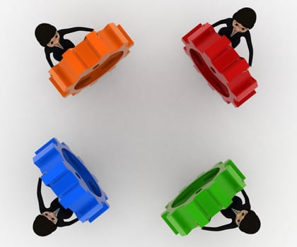 3d women holding colourful gear cogwheel concept on white background, top angle view