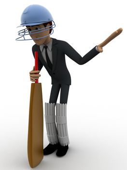 3d man cricket batsman asking to wait by showing hand concept on white background, front angle view