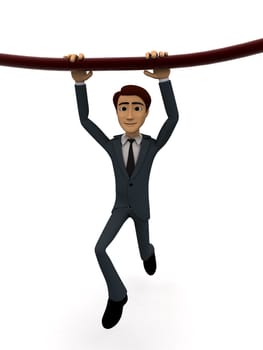 3d man hanging on rope with both hands concept on white background, front angle view
