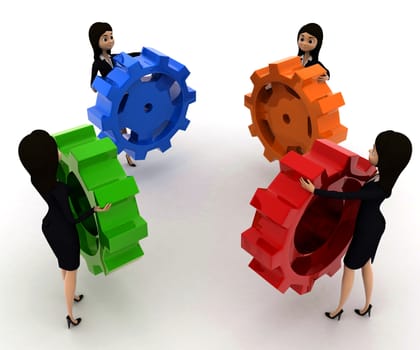 3d women holding colourful gear cogwheel concept on white background, side angle view