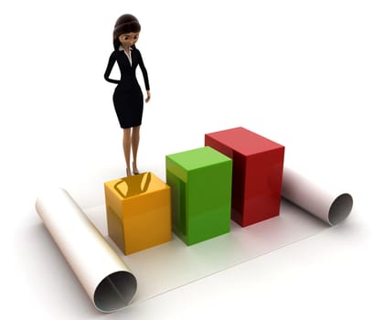 3d woman with growth graph on paper scroll concept on white background, side angle view