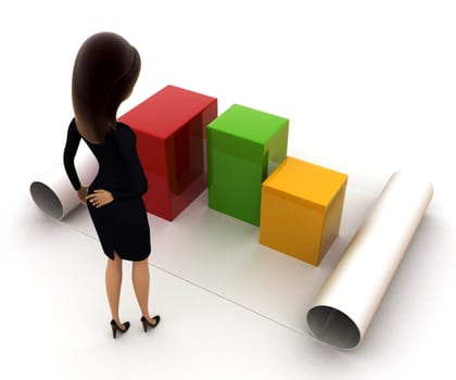 3d woman with growth graph on paper scroll concept on white background, back  angle view