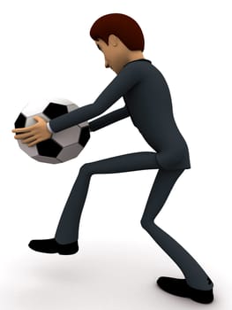 3d man about ot kick ball of soccer concept on white background, side angle view