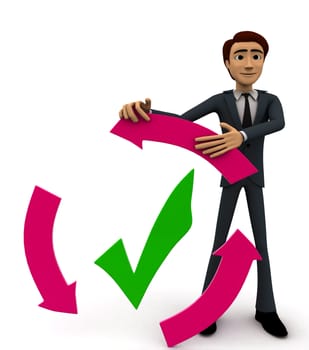 3d man with recycle arrow and correct symbol concept on white background, front angle view