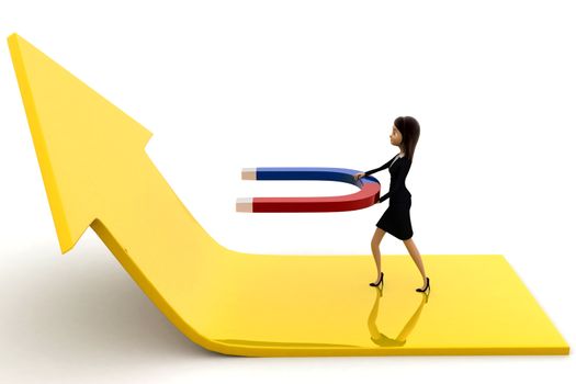 3d woman attract arrow up side using magnet concept on white background, side angle view
