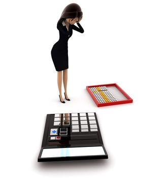 3d woman looks worried about calculation on calculator and abacus concept on white background, side angle view