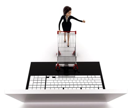 3d woman going for online shopping through laptop with cart concept on white background, top angle view