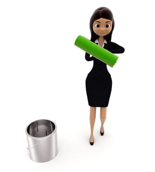 3d woman with green color paint bucket and paint roller concept on white background, front angle view