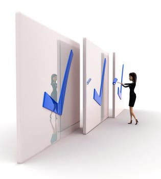 3d woman with three corrected big board concept on white background, side angle view