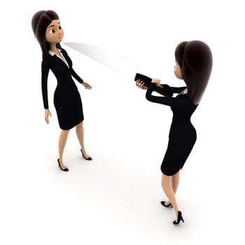 3d woman showing big knife to another woman concept on white background, top angle view