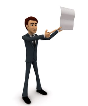 3d man showing empty paper in one hand and point with another hand concept on white background , side angle view