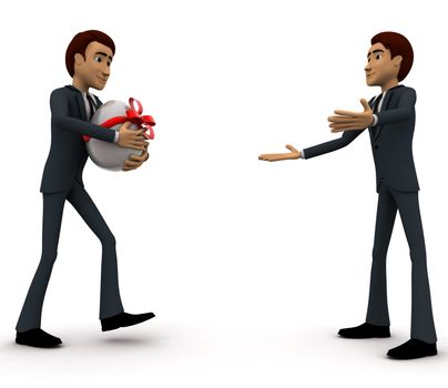 3d man welcoming and another person come with gift for him concept on white background, left side angle view