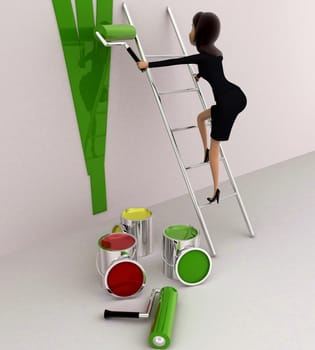 3d woman paint wall green using paint roller concept on white background, side angle view