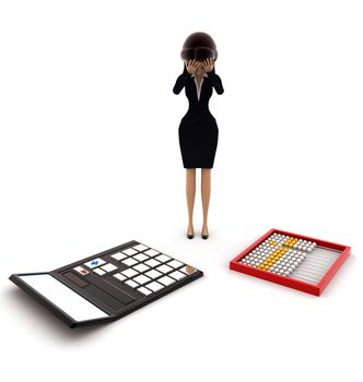 3d woman looks worried about calculation on calculator and abacus concept on white background, front angle view